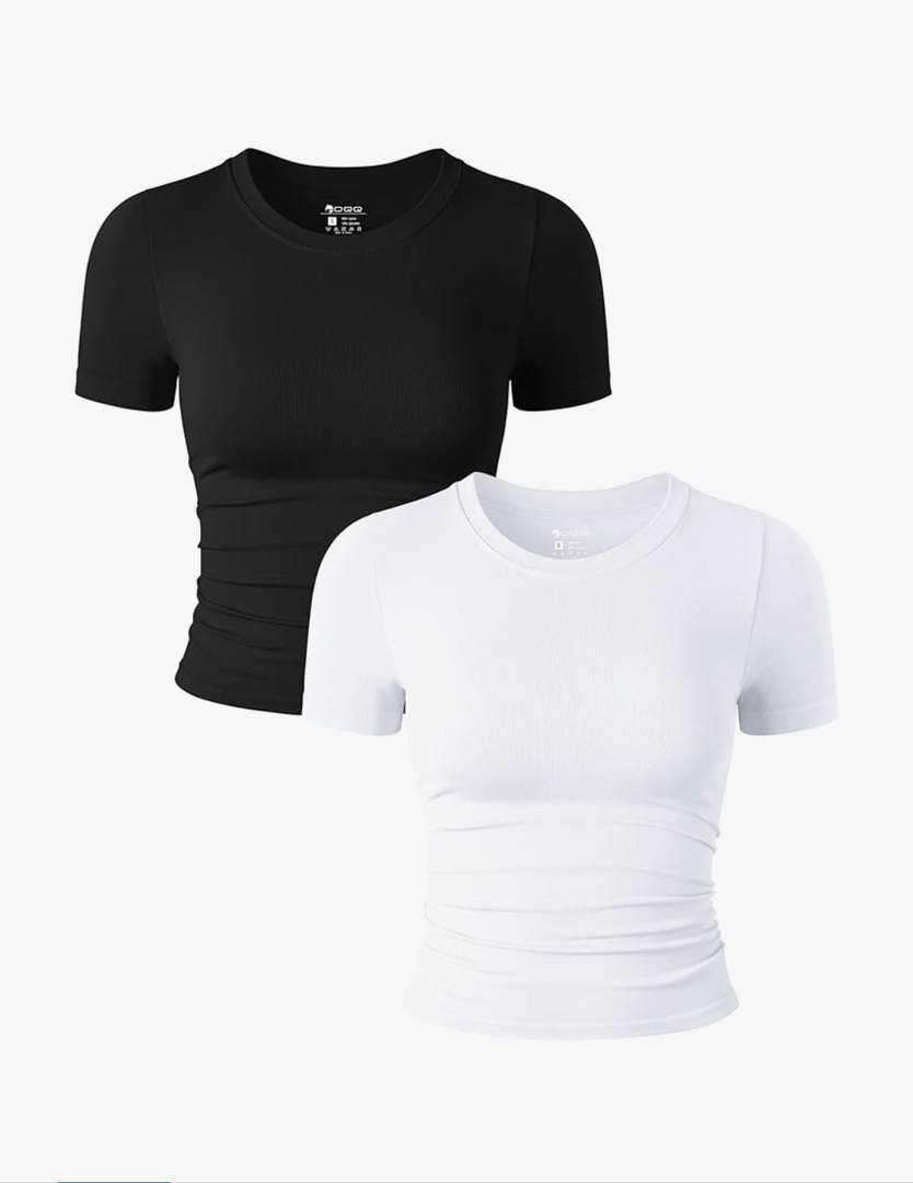 OQQ Womens 2 Piece Shirts Short Sleeve Crew Neck Ruched Stretch Fitted Tee Shirts Crop Tops SizeM