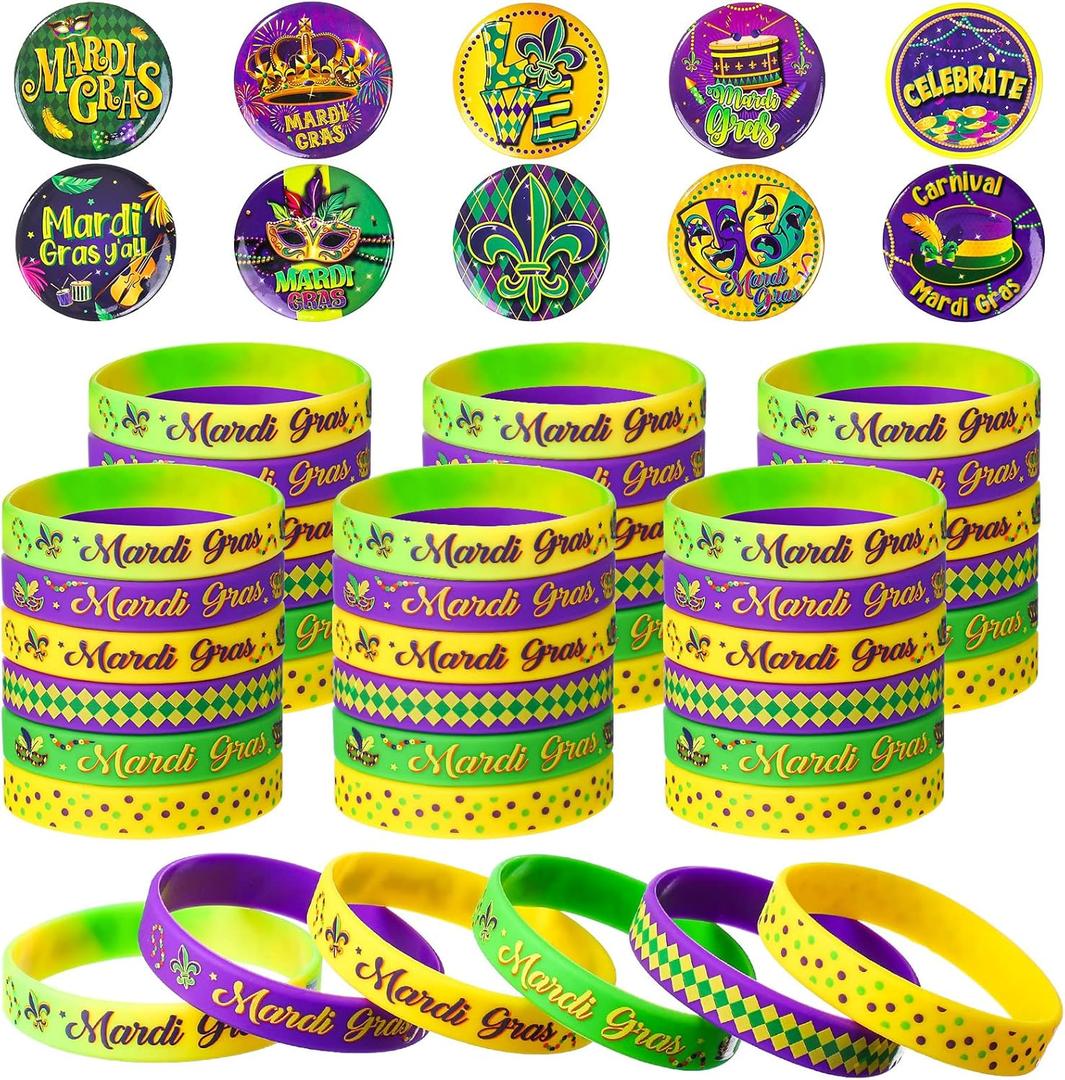 60 Pcs Mardi Gras Party Favors Includes 30 Mardi Gras Rubber Bracelets Silicone Wristbands and 30 Button Pins Badges for Carnival Birthday Party Supplies Decorations Goodie Bag Stuffers Fillers