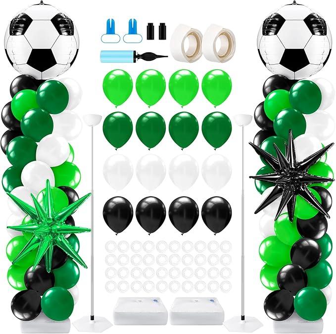2 Sets Soccer Balloon Column Stand Kit with 4D Soccer, Green Black Star Foil and 100 Latex Balloons, Green White Black Arch Kit for Floor for Football Sports Party Decorations