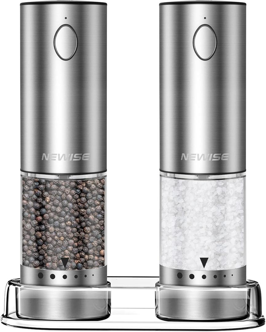 Electric Salt and Pepper Grinder Set - Valentines Day Kitchen Gifts for Him, Rechargeable with LED Lights, Stainless Steel Automatic Mill, Adjustable Coarseness, Large Capacity, Silver