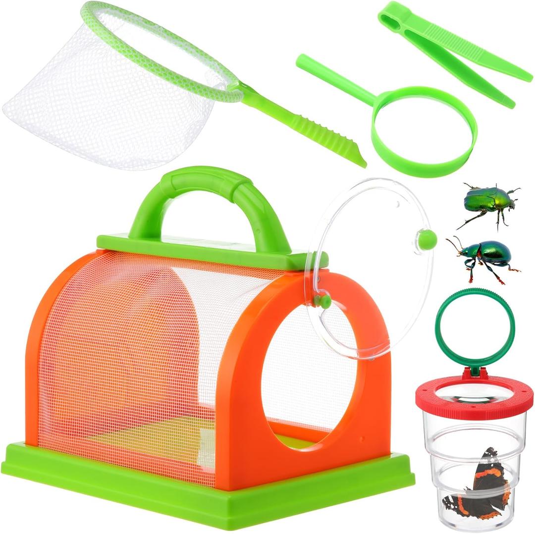 5 Pcs Bug Catcher for Kids Bug Catcher Kit Outdoor Toy Gift with Bug Collector Insect Viewer Butterfly Net Magnifying Glass Tweezer Kid Bug Habitat Outdoor Explorer Kit(Orange and Green)