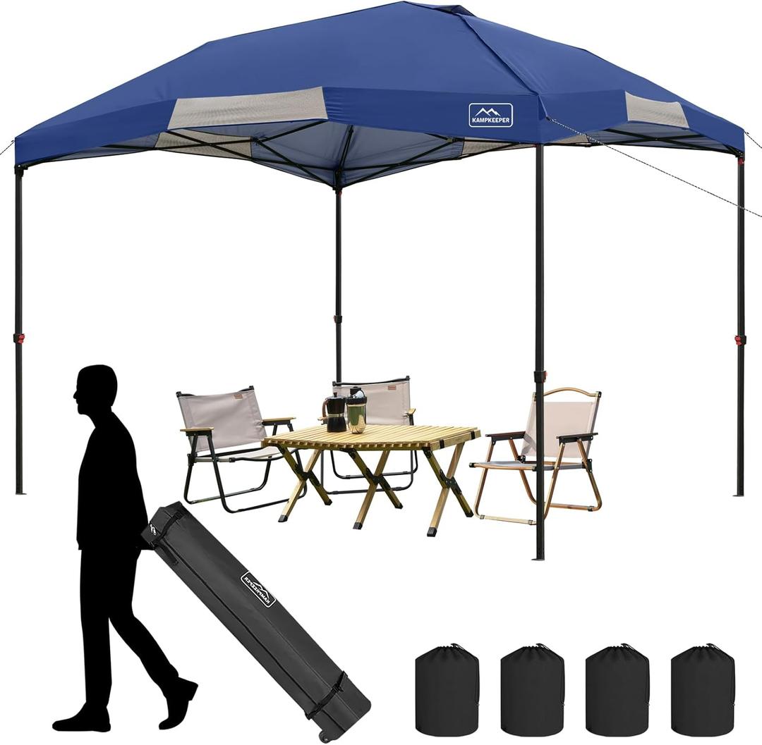 KAMPKEEPER 12x12 Pop Up Canopy Tent,Heavy Duty Outdoor Sun Shade for Events,Camping,Parties - Polygonal Patio Gazebo with Wheeled Bag,4 sandbags(Navy Blue)