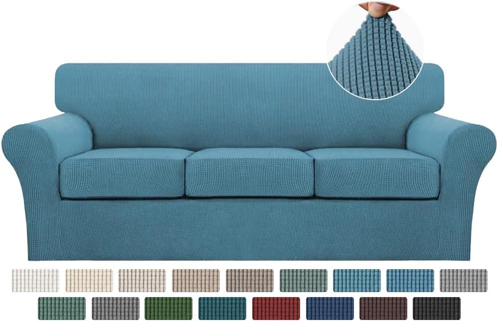 Turquoize 4 Piece Sofa Covers for 3 Cushion Couch Sofa Slipcover Soft Couch Cover for Dogs-Washable Sofa Furniture Covers with 3 Individual Cushion Covers, Jacquard Fabric (3 Cushion Sofa, Storm Blue)