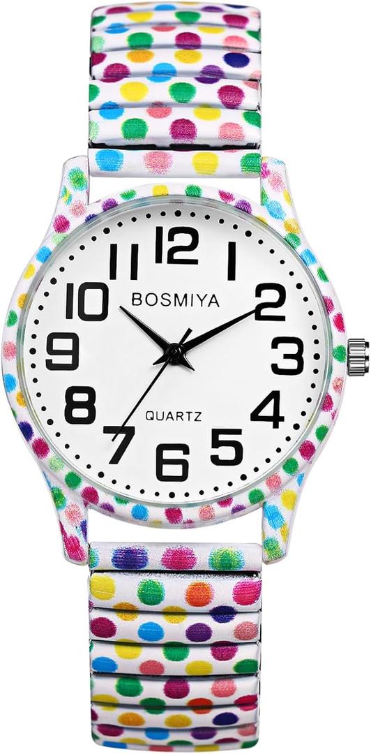 Avaner Women's Elastic Wrist Watches: Boho Printed Stretch Strap Big Number Analog Quartz Easy Reader Bracelet Bangle Watch