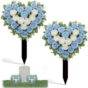 Frienda 2 Sets Artificial Cemetery Flowers Grave Stake Memorial Day Metal Gravesite Markers for Mom Dad, Outdoor Grave Spring Decorations(Heart,Blue,White)