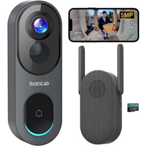 BOTSLAB 5MP Wireless Video Doorbell Camera,180 Head-to-Toe View, AI Motion Detection, VR Mode, Battery or Wired Powered, Easy Installation, Weatherproof, No Monthly Fee, 2.4GHz WiFi