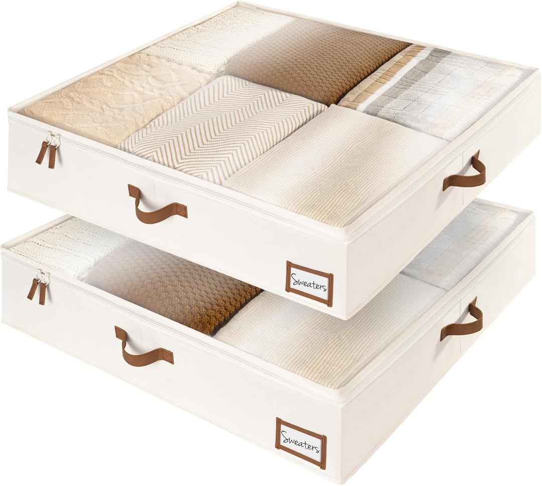 StorageWorks Underbed Storage Box, Under Bed Clothes Organizer With Sturdy Structure and Ultra Thick Fabric, Beige, 33" L x 31" W x 6  "H, 2 pack (Jumbo(Square))