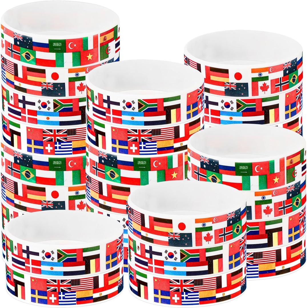 Threehoney 60 Pcs Around The World Party Favors International World Country Flags Wristbands Silicone Bracelets American Flags Wristband Sport Event Party Favor for School Office Supplies