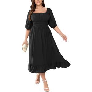 Women's Plus Size Maxi Dress Summer Half Lantern Sleeve Square Neck Smocked Flowy A-Line Elegant Wedding Guest Dresses 2XL