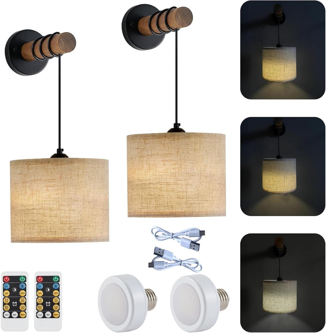 XSDeTu Rechargeable Battery Operated Wall Sconces Set of 2, Modern Battery Powered Wall Light with Wooden Arm & Remote Control, Adjustable 3 Colors Dimmable Wall Lamps for Bedroom, Living Room, 9.4 Inch-2 Pack