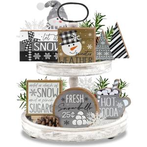 11 Pcs Grey Winter Tiered Tray Decor, Snowman Hot Cocoa Farmhouse Wood Decorations Set, Let It Snow Christmas Rustic Wooden Decorative Signs for Home Table Shelf