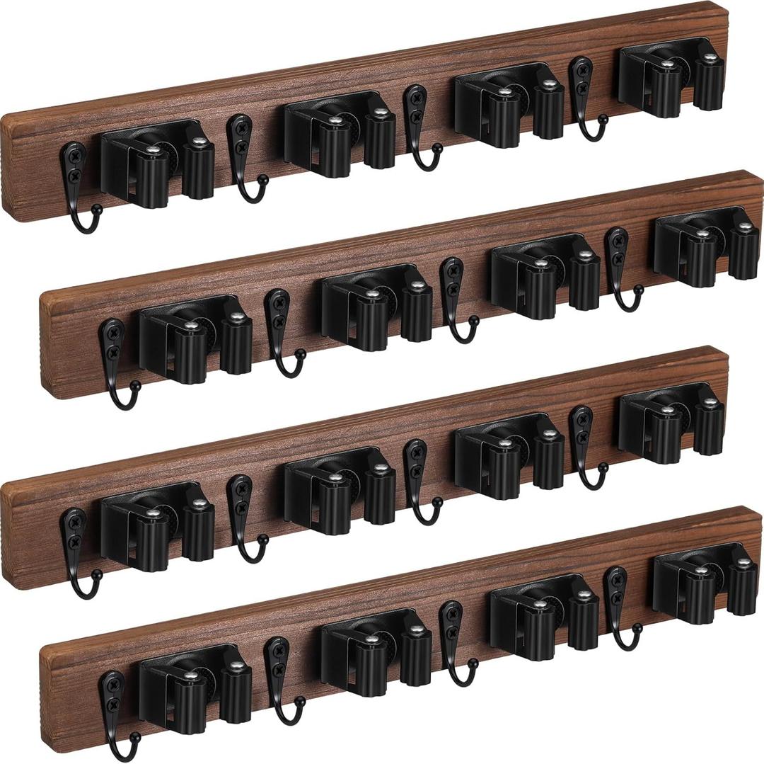 Chunful 4 Pack Mop and Broom Holder Wall Mount, Rustic Wood Broom Hanger with 4 Slots & 4 Hooks, Wall Mounted Garden Tool Rack Organizer for Bathroom Kitchen Closet Garage Room Office