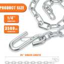 1/4"x24" G30 Safety Chain 3,500lbs S-Hook for Boat Trailer Tow 2PK | Grade 30 alloy steel, galvanized rustproof, spring-loaded S-hook secures boat/RV/truck trailers. WLL 3,500lbs, 24" length