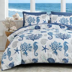 Anibedding Coastal Queen Comforter Set 7 Piece, Soft Beach Themed Comforter, Summer Ocean Nautical Bed in a Bag Lightweight Blue Bedding Sets for All Season 90''x90''