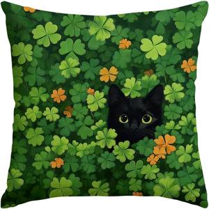 St Patricks Day Throw Pillow Covers 20x20 Inch, Black Cat Shamrock Green Spring Cushion Case Decoration Farmhouse Holiday Outdoor Spring Lumbar Cushion Cases Decor for Sofa Couch Indoor