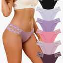 FINETOO Seamless Underwear for Women Cheeky Bikini Panties High Cut V-waist Lace Underwear Women Cute Bikinis 6 Pack, S