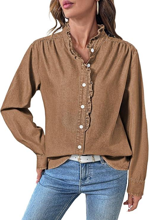 Sidefeel Womens Denim Shirt Button Down Long Sleeve Ruffled Edge Jean Blouses Tops (Large, Brown)