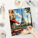 Paris Caf Scene Paint by Numbers Kit for Adults - DIY Eiffel Tower with Red Canopy Bistro Painting on Canvas 16x20 Inches, Acrylic Paint Set, Suitable for Beginners, Art for Home Decoration or Gifts
