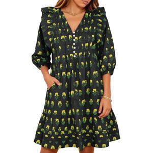 Wenrine Womens Mini Dresses Casual Ruffle 3/4 Lantern Sleeve Floral V Neck Loose Boho Babydoll Dress Black (S)
