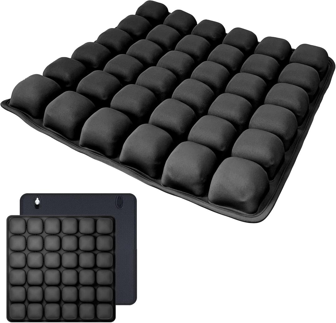 Inflatable 3D Travel Cushion for Airplane, Tailbone Pain Relief Seat Pad with Ergonomic Support, Anti-Slip Bottom, Built-in Pump & Carry Bag for Travel/Office/Car 36 Air Cells, Black