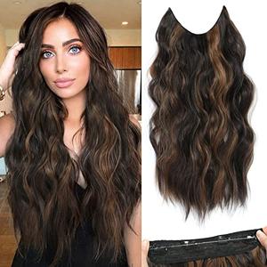 BUPPLER Halo Hair Extensions 20 Inch Invisible Wire Hair Extensions Adjustable Long Wavy Hairpiece Synthetic Upgrade 4 Secure Clips in Hairpieces 20 Inch,Dark Brown Mix Medium Brown