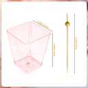 50 Packs Square Appetizer Cups with 100PCS Bamboo Stickers for Party,Clear Plastic Charcuterie Cups with Sticks Suitable for Fruit, Snack, Dessert,Parfait(Pink), 5 ounces