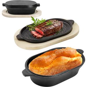 DVK Cast Iron Bread Pan with Lid 2 in 1 Pre Seasoned Cast Iron Dutch Oven Pot Bread Cooking Set with Wooden Plate