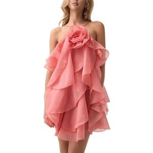 Women's Floral Dress Sexy Halter Ruffle Sleeveless Tiered Dress Elegant Party Dresses Clubwear, Medium