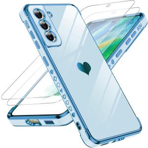 LeYi for Galaxy S21 FE Case: with Tempered Glass Screen Protector [2 Pcs]+ Full Camera Lens Protection,Love Heart Plating Girly Luxury Soft TPU Shockproof Case for Samsung S21 FE,Sierra Blue