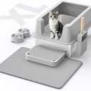 Stainless Steel Cat Litter Box - Enclosed XL Metal Kitty Litter Box with Lid for Big Cats, High Sided, Anti-Leakage, Easy Cleaning, Non-Sticky, Included Litter Mat, Cat Bowl & Spoon
