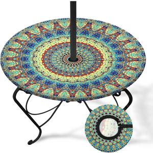 Boho Round Outdoor Tablecloth with Umbrella Hole, Green Fitted Table Cover with Zipper, Outdoor Camping Essentials, Waterproof Umbrella Table Cloth with Elastic (45''-54'')
