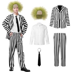 Black White Striped Set, Beatle Juice Cosplay Blazer with Wig Pants Tie, Halloween Costumes for Adults (Medium, Men)