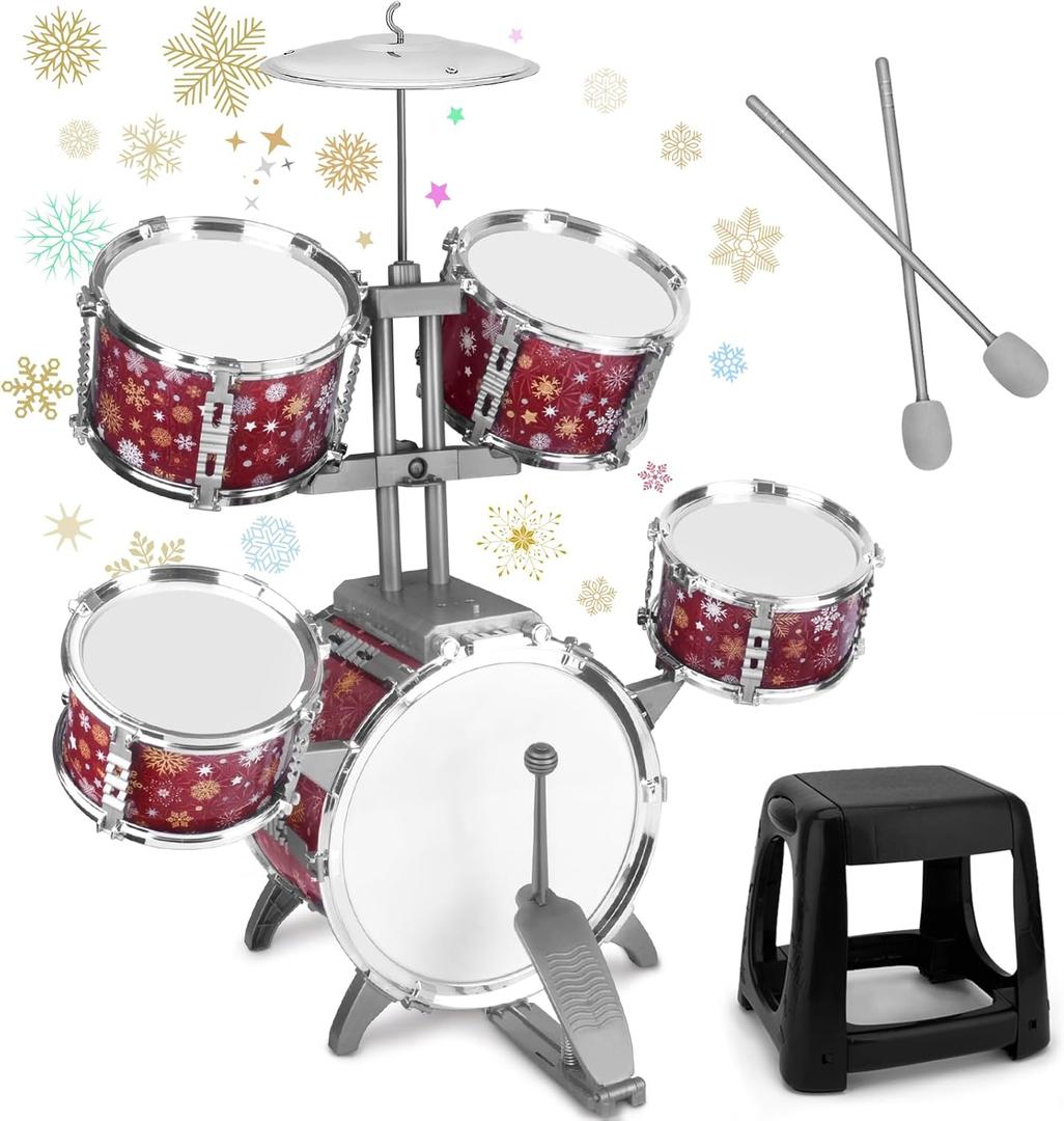Kids Drum Set for Toddlers Musical Jazz Drum with Stool Toys for 3-5 4-6 5-7 Boys Girls Birthday, Red