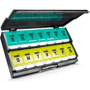 Extra Large Weekly Pill Organizer 2 Times a Day - Remtise Am/Pm Daily Pill Case Medicine Organizer, Push Button 7 Day Pill Box for Pills/Vitamin/Cod Liver Oil/Supplements (Cyan & Yellow)