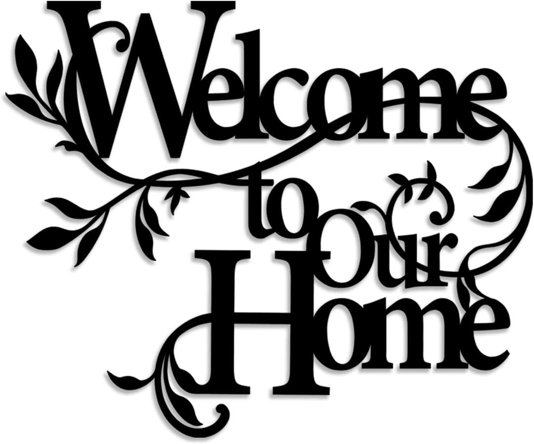 LIYOUYA Welcome to our home metal wall decor - indoor outdoor decoration black text and flowers wall art home decor for living room, dining room, porch, entry door (Black)