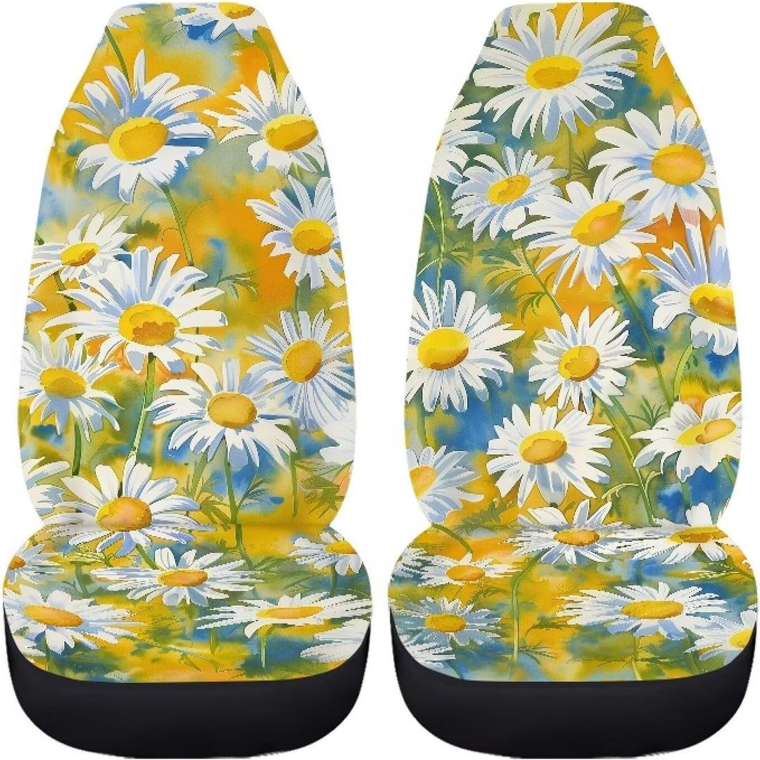 Vibrant Daisy Flower Pattern Car Accessories 2 Pcs Car Front Seat Covers Set Auto Interior Cushion Protector Universal Fit Most Truck SUV Van Elastic Car Seat Covers
