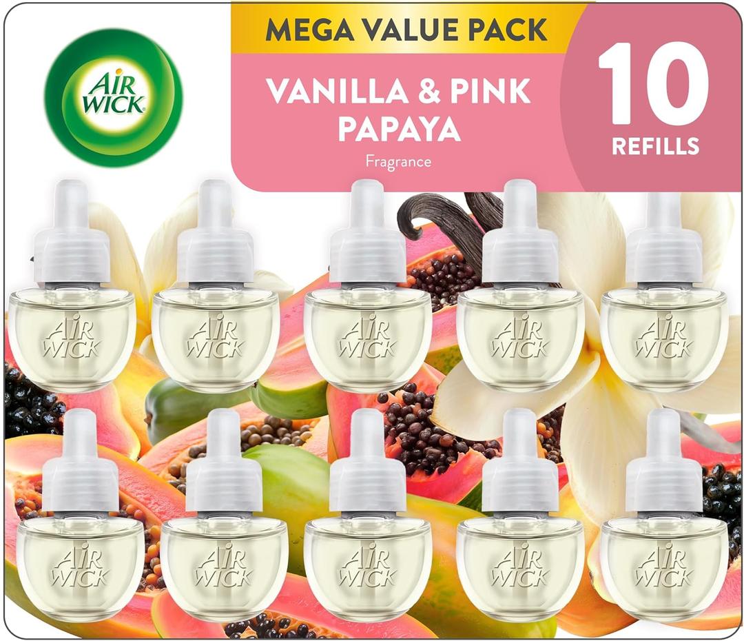 Air Wick Plug in Scented Oil Refill, 10ct, Vanilla and Pink Papaya, Air Freshener, Essential Oils (0.67 Fl Oz (Pack of 1))