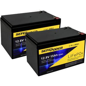 SEFEPODER 2 Pack 12V 15Ah LiFePO4 Deep Cycle Battery, 2000+ Cycles Rechargeable Battery for Scooter, Lighting, Power Wheels, Fish Finder and More with Built-in 16A BMS