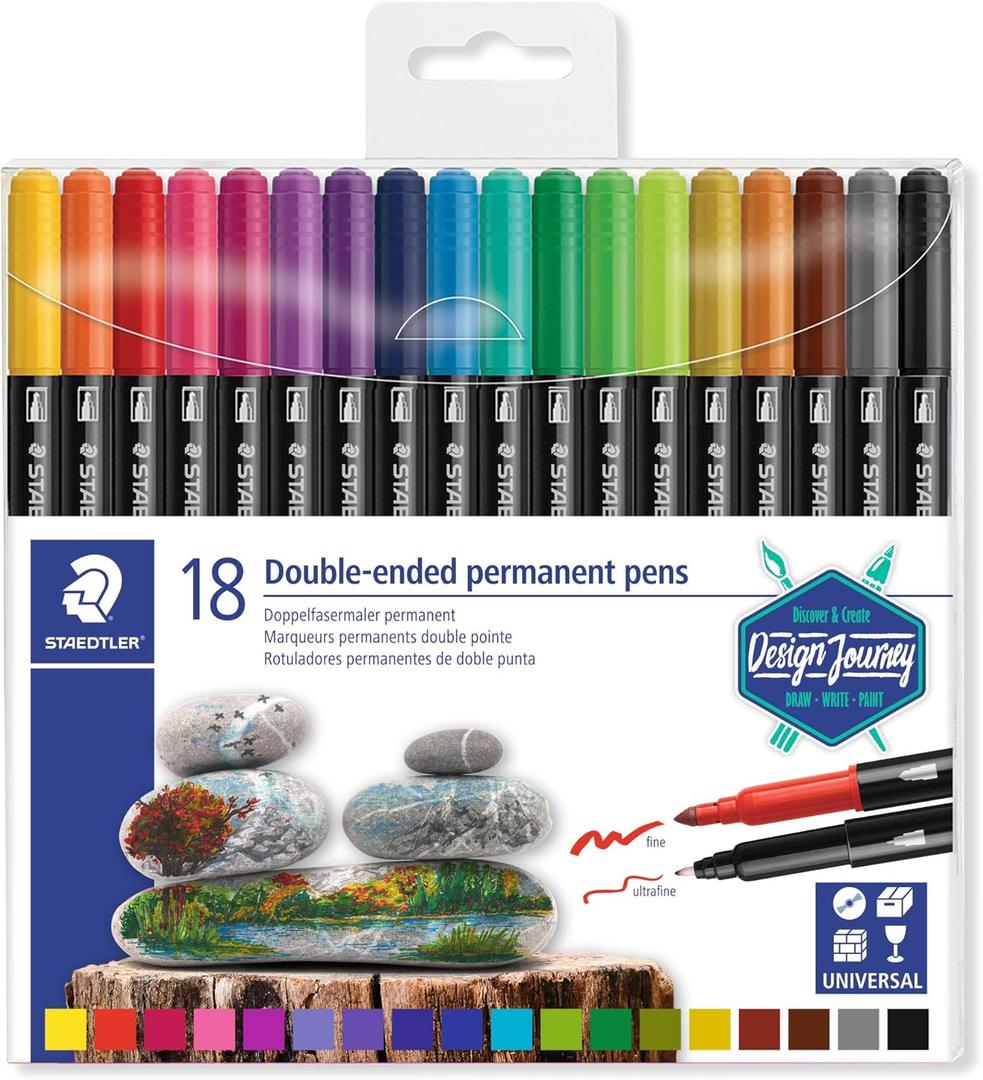 Staedtler Double Ended Permanent Pens, Fine and Ultra-Fine, 18 Colors, 3187 TB18