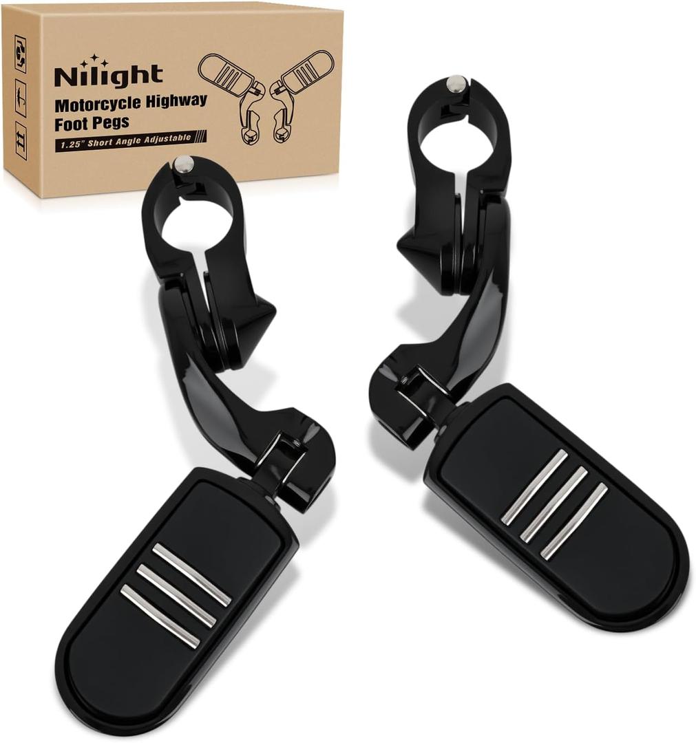 Nilight 1-1/4" Motorcycle Highway Pegs For Harley Davidson Touring Road King Street Glide Sportster Adjustable Short Angled Foot Pegs Universal For 1.25" Engine Guard Crash Bars Highway Footpegs Black