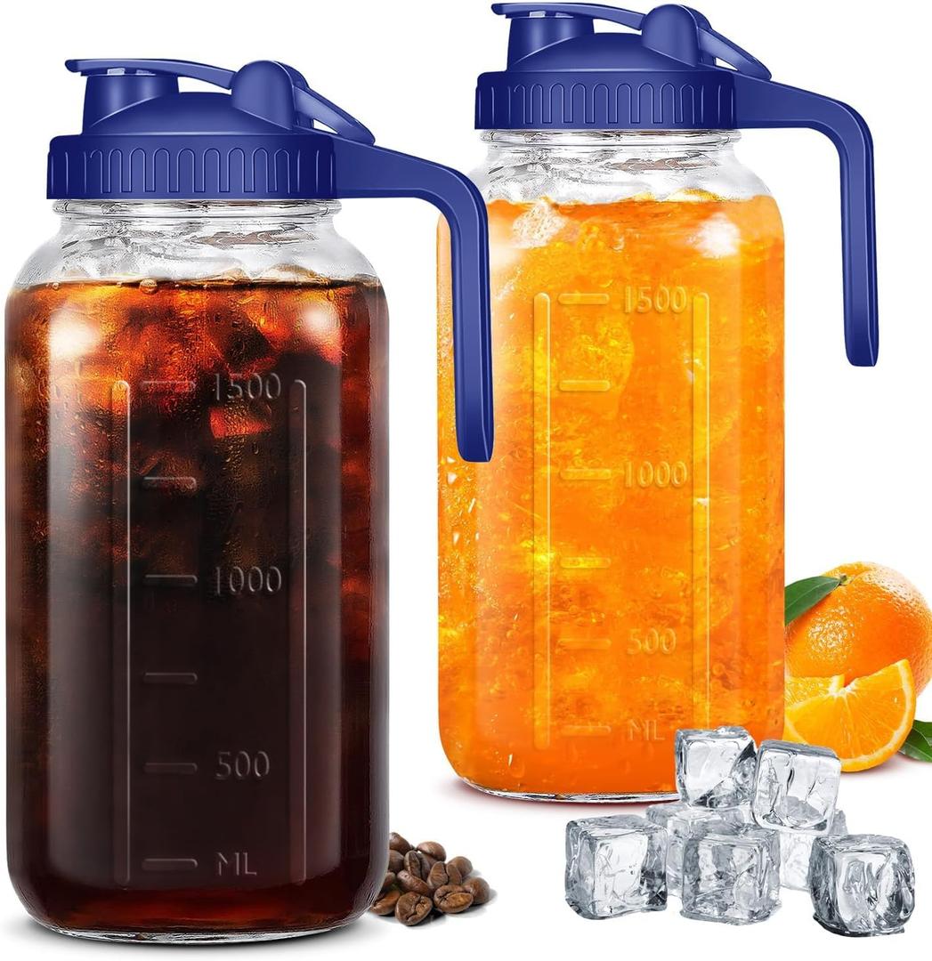 Mason Jar Pitcher 64OZ Breast Milk Pitcher Double Leak Proof with Pour Spout Handle, Wide Mouth Iced Tea Pitcher for Fridge, Creamer Container for Coffee Tea juice (2)