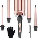 Wand Curling Iron Hair Crimper, Emocci Pro Large 3 Barrel (0.35"-1.25" Ceramic Barrel) Hair Crimper for Women Beach Waves Instant Heat Hair Waver Set for Long Hair Curlers 5-in-1 Curling Wand Set (Rose Gold)