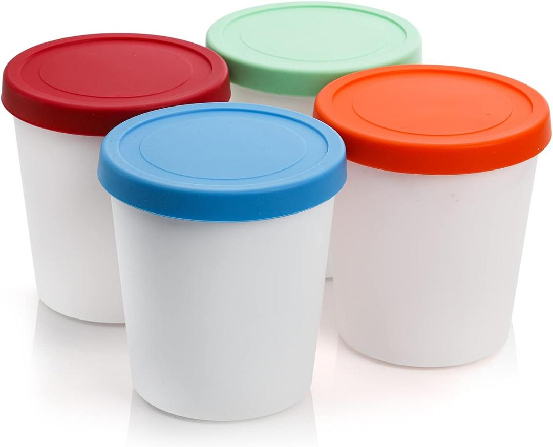 Peohud 4 Pack Ice Cream Containers, 1 Quart Freezer Storage Tubs with Silicone Lids for Ice Cream, Sorbet and Gelato, Freezer Dishwasher Safe