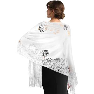 Shawls and Wraps for Evening Dresses Scarfs for Women Pashmina 1920s Wedding Formal Lace Fringe Shawl Accessories (White)