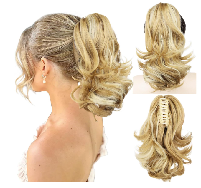 Ponytail Extension, 12 Inch Pony Tails Hair Extensions, Hold Securely, Tangle-Free,Curly Wavy Natural Looking Synthetic Claw Clip Ponytail Extension for Daily Use,  Dark Blonde with Light Blonde Highlights