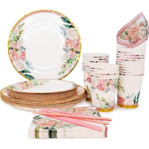 Floral Party Supplies paper plates and Napkins Sets for 24 Guest-Include Floral Disposable Paper Plates,Cups,Napkin forr Bridal Shower,Birthday,Wedding,Bachelorette party Supplies