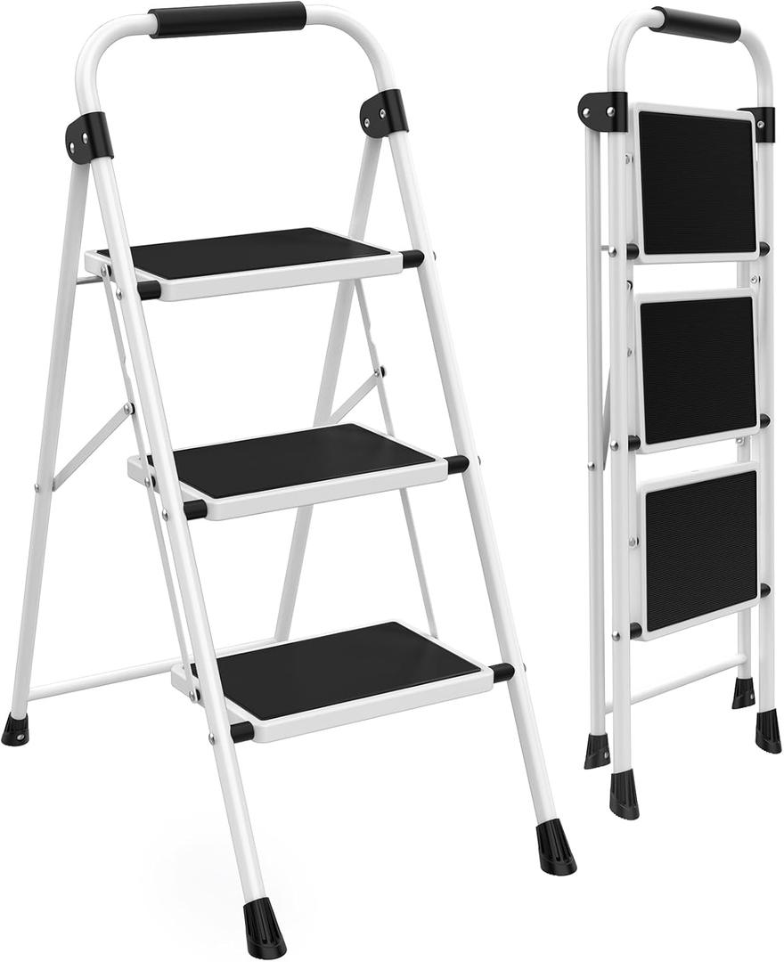 4 Step Ladder, 44-Inch Iron Step Stool with Non-Slip Pedals and Handrails - Portable Heavy Duty Steel Ladder for Kitchen, Garage, and Outdoor Use