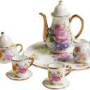 SXFSE Dollhouse Decoration Kitchen Accessories, 8pcs Dining Ware Porcelain Tea Cup Set Pink Dish Cup Plate with Golden Trim 1/6 Dollhouse Miniature