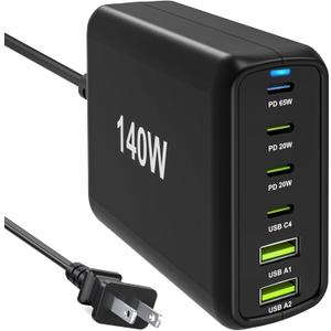 140W USB C Multiport Charger with PPS PD65W Dual PD20W, Fast 6 Port USB Charging Station, USB C Laptop Charger for MacBook iPhone Galaxy iPad Tablets