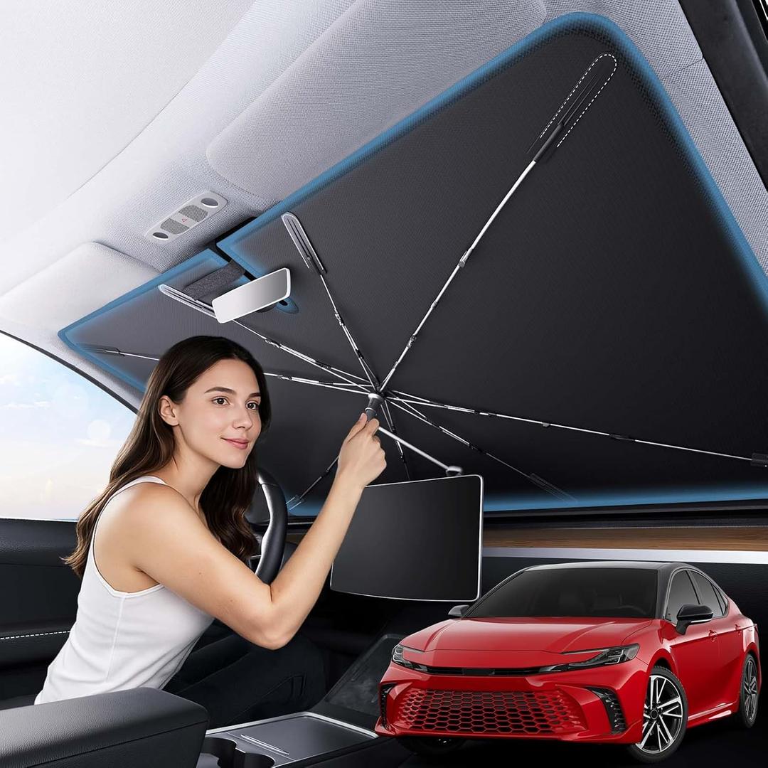 Zanch 2025 Upgraded Car Windshield Sun Shade [Cool Down by 75 ] with Heat Insulation Coating, Foldable Sunshade Umbrella with Flexible Handle & Ribs, Small (29''x53'') for Compact Cars, SUVs